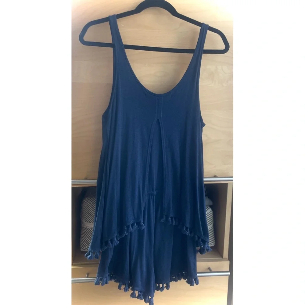 MICHAEL STARS | S / M | Pom Pom Fringe Navy Tank Top Rayon Beach Shorts Romper_7